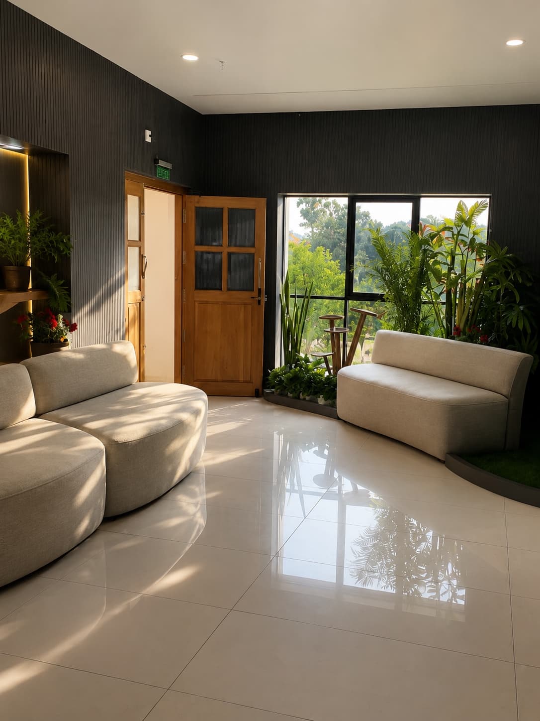 Jayon Factory — reception with curved seating and a planted window